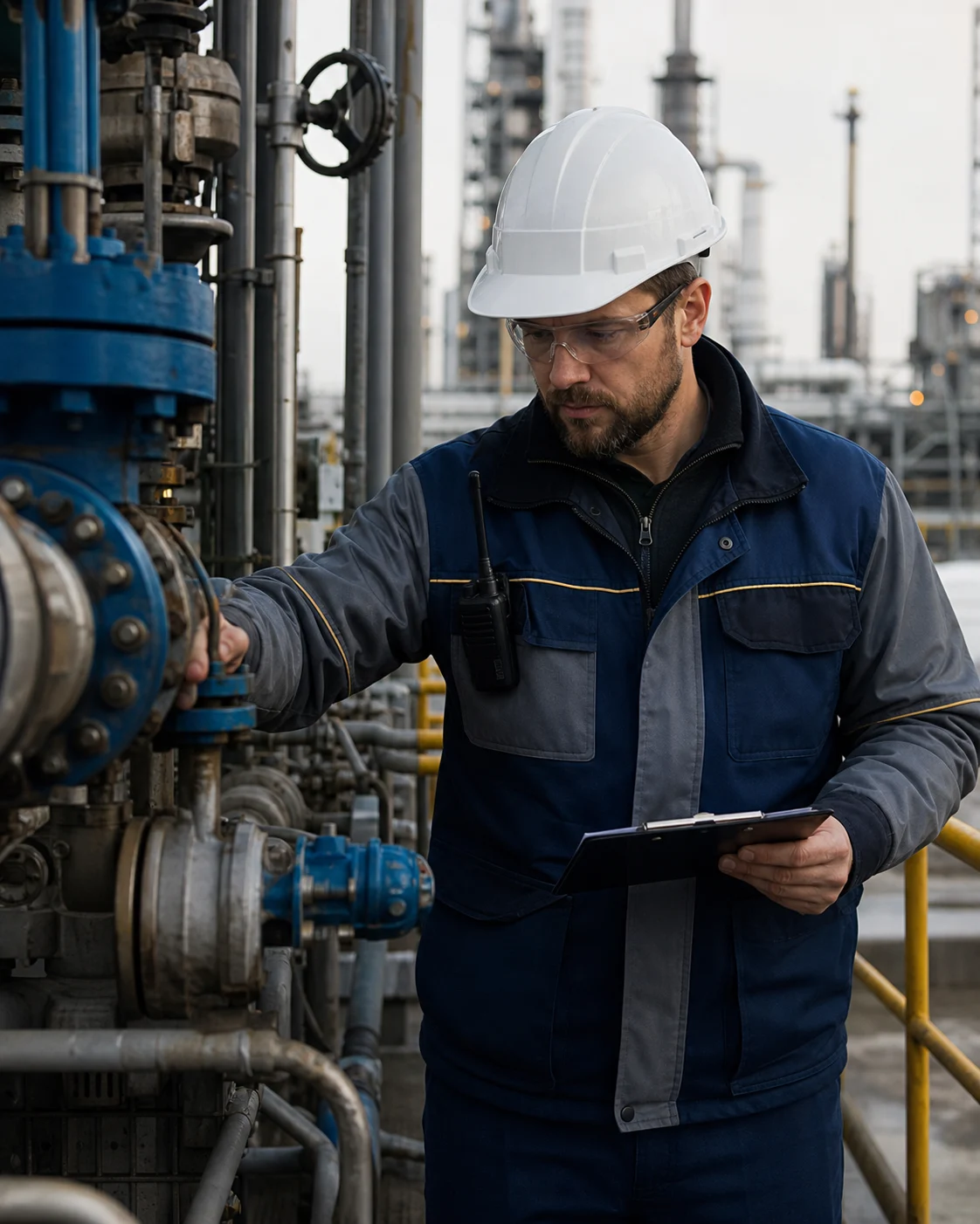 Инженер проводит проверку на нефтегазовом производстве