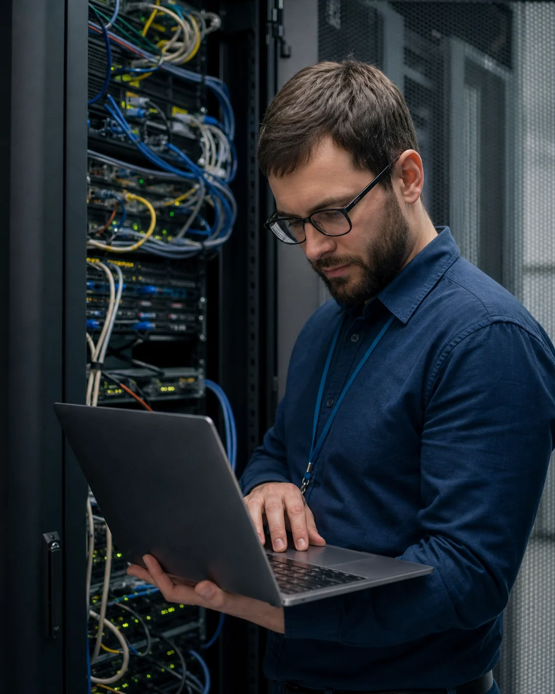 Специалист по информационной безопасности работает в серверной
