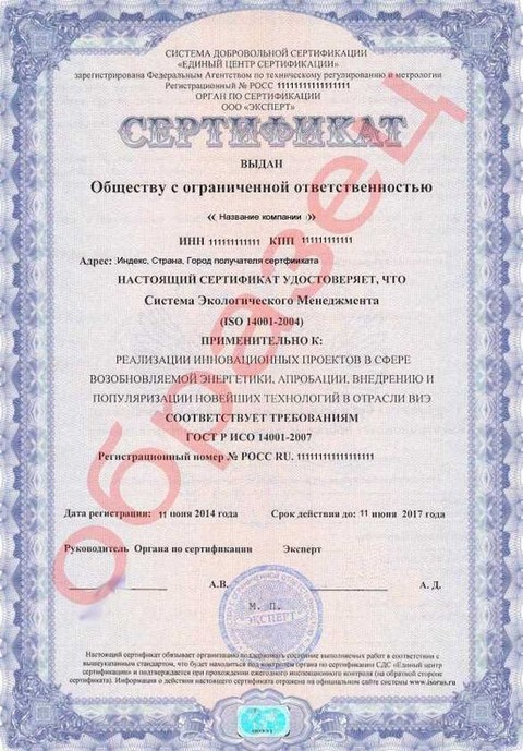 Как выглядит сертификат ISO 14001