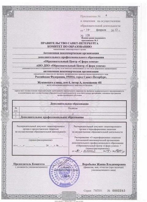 Приложение к лицензии № 128. Комитет по образованию Правительства Санкт-Петербурга
