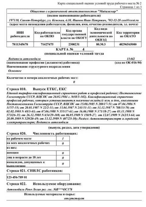 Страница образца карты специальной оценки условий труда